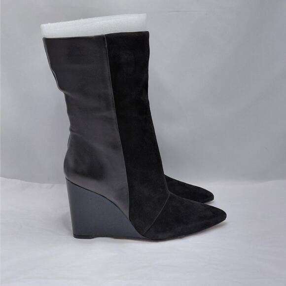 1.STATE Womens Wedge Boots Size 5.5 Black Leather Suede Pointed Toe Knee High - Picture 1 of 11